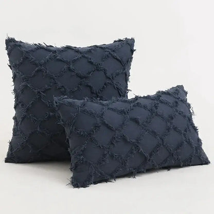 Dark blue rectangular pillow cover with textured frayed diamond pattern for decorbites black boho lumbar pillow decor