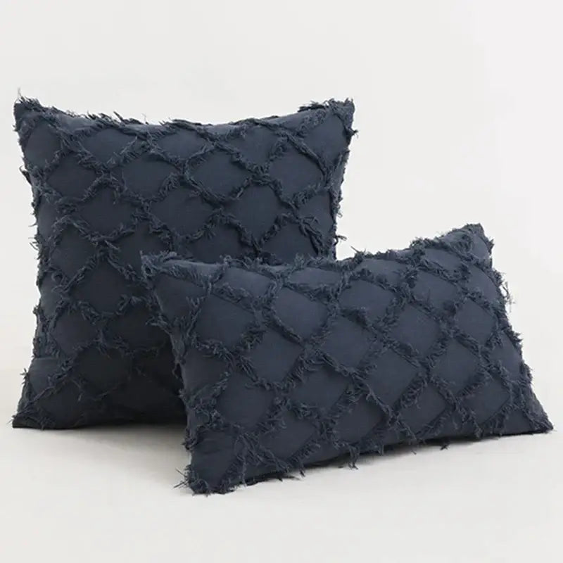 Dark blue rectangular pillow cover with textured frayed diamond pattern for decorbites black boho lumbar pillow decor