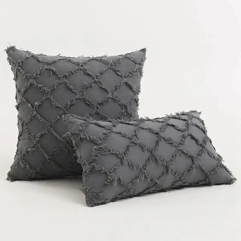 Dark gray black boho lumbar pillow cover with textured diamond pattern and frayed edges for decorbites black boho decor