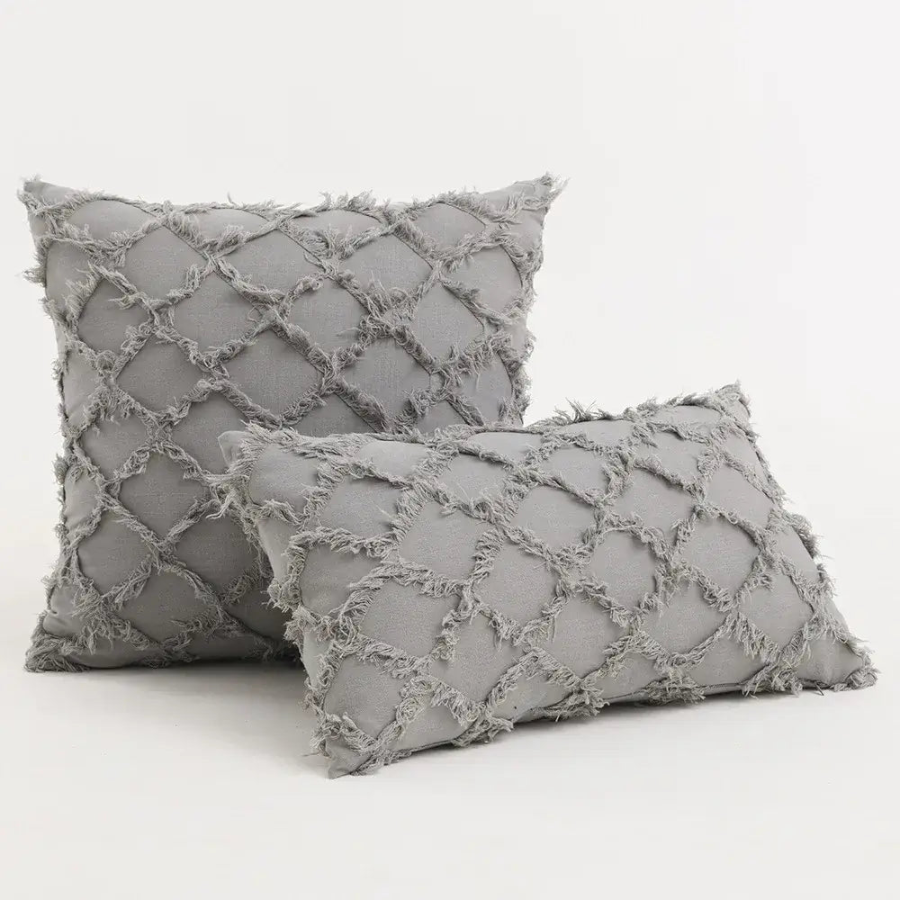 Gray throw pillow cover with diamond-patterned frayed fabric for decorbites black boho lumbar bedroom decor