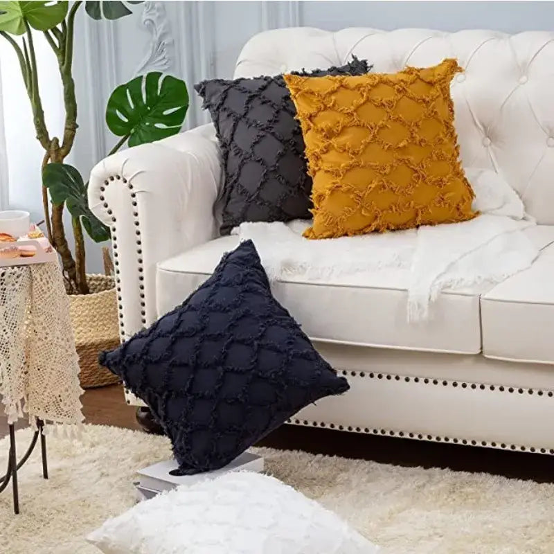 Mustard yellow textured throw pillow cover with frayed edges and diamond pattern for decorbites black boho lumbar decor