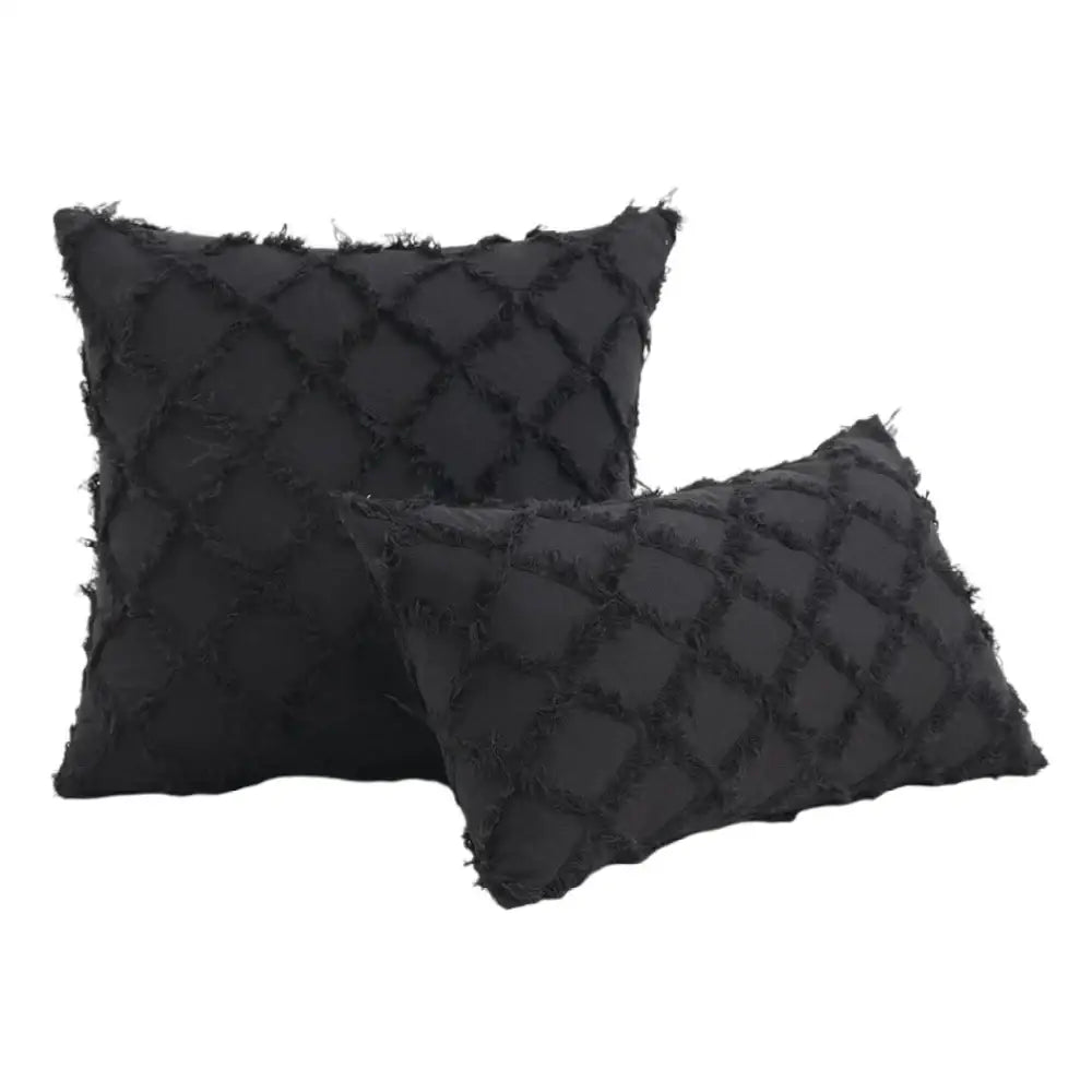 Black boho lumbar pillow cover with textured diamond pattern and frayed edges for bedroom decorbites black boho decor
