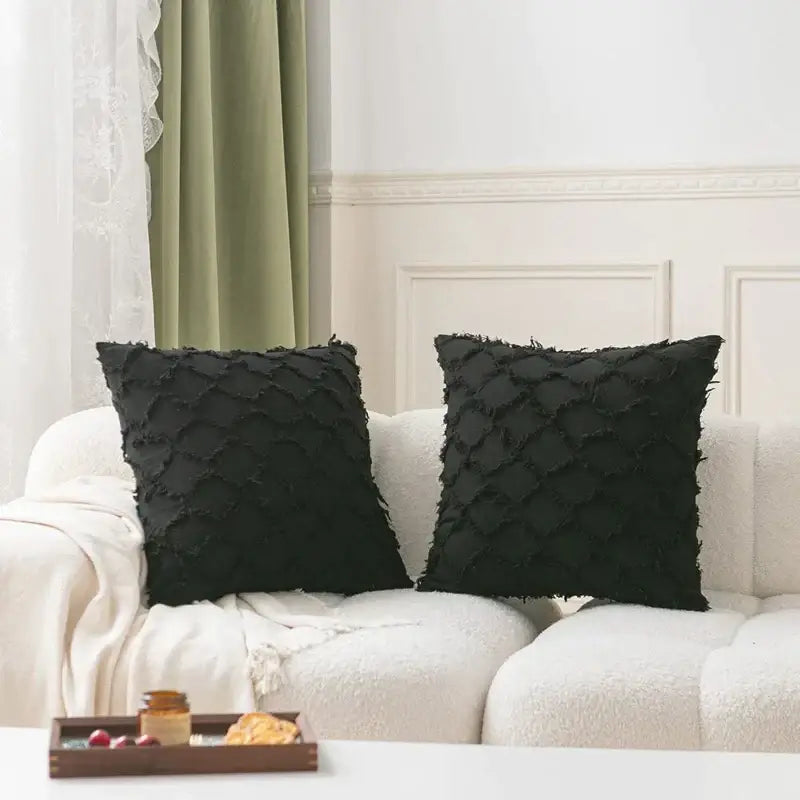 Black boho lumbar pillow cover with textured woven fabric and frayed quilted diamond pattern for decorbites black boho decor