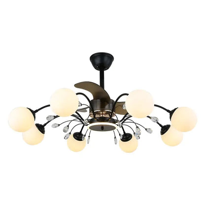 Black branch ceiling fan with globe fan lights, frosted glass shades, and crystal accents for bedroom use
