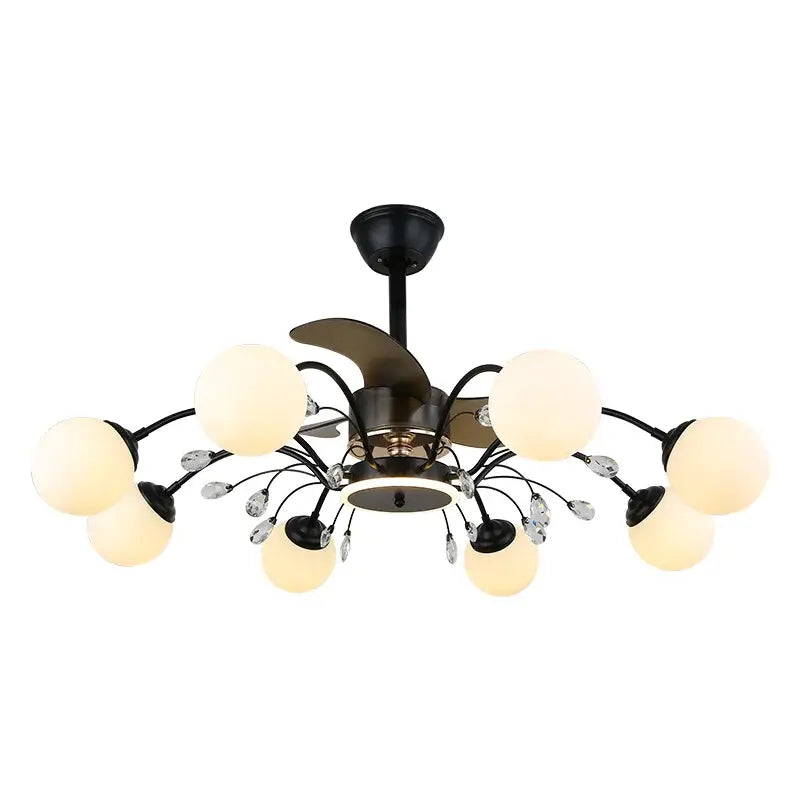 Black branch ceiling fan with globe fan lights, frosted glass shades, and crystal accents for bedroom use