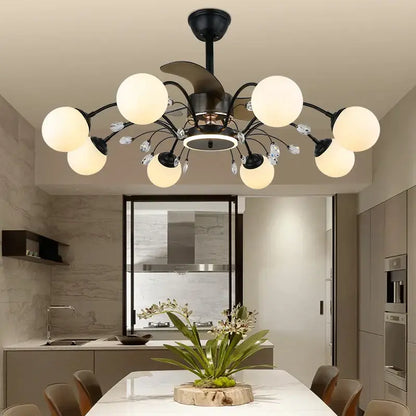 Black branch ceiling fan with globe fan lights and crystal accents designed for bedroom ceiling fan lights