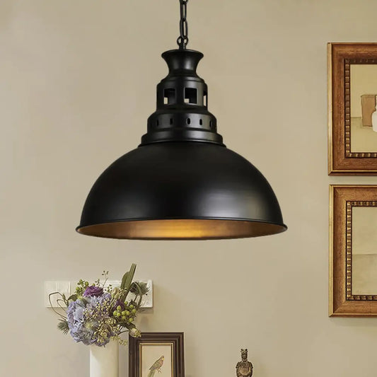 Black/Brass 1-Light Hanging Pendant for Dining Room - Loft Style Dome Shade Fixture