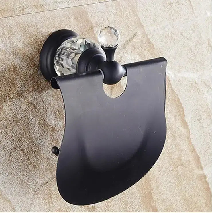 Black brass toilet paper holder with black matte finish and crystal accents in bathroom accessories set