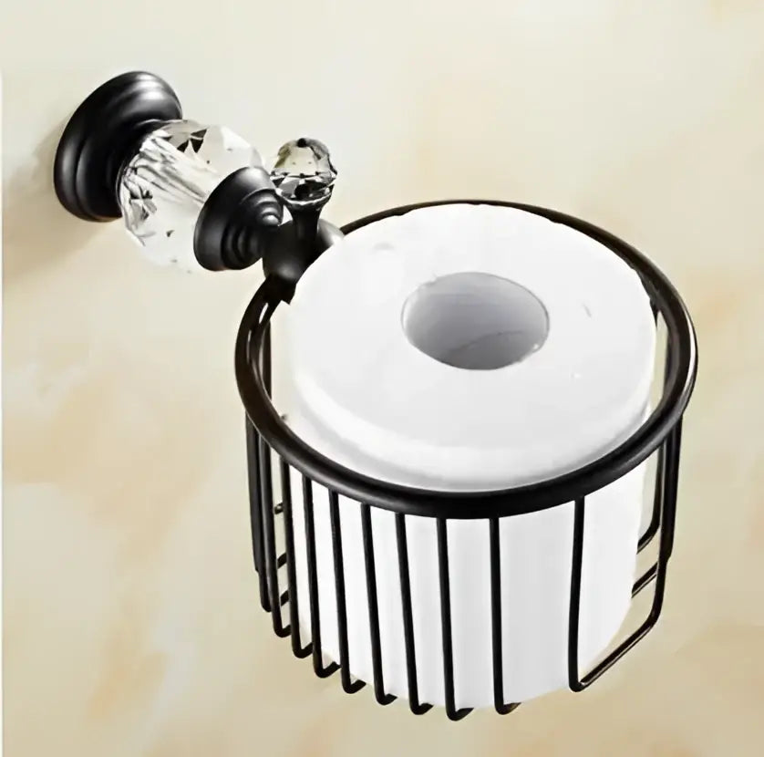 Black metal toilet paper holder with crystal accents from black brass bathroom accessories set for elegant bathroom use