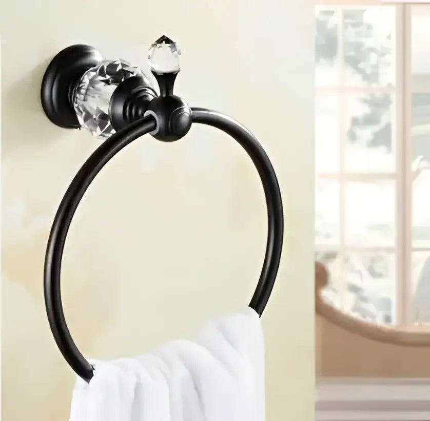 Black metal towel ring with faceted crystal accent from black brass bathroom accessories set for bathroom hardware