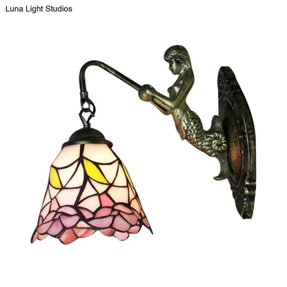 Black/Brass Flared Stained Glass Sconce - Baroque Style Wall Mounted Light Fixture