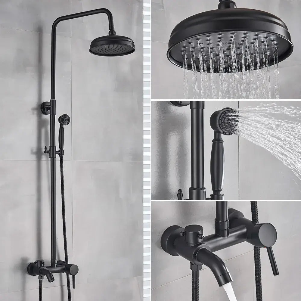 Black matte shower set with large overhead rainhead handheld spray and wall-mounted control valve decorbites black bronze bathroom