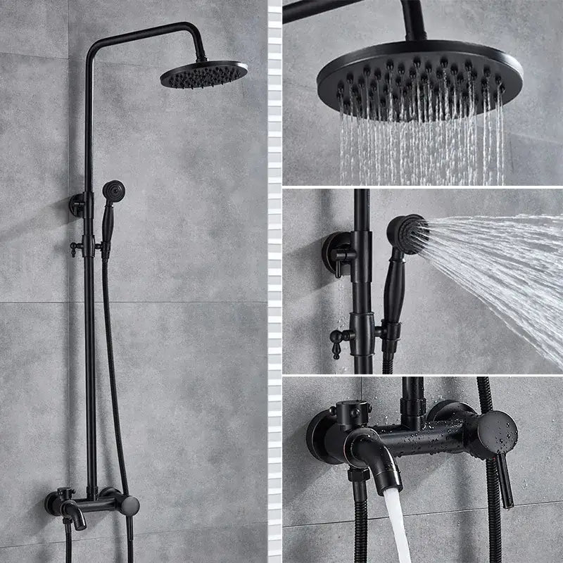 Black matte-finished shower set with rectangular rainhead handheld spray and wall-mounted valve from decorbites black bronze bathroom collection