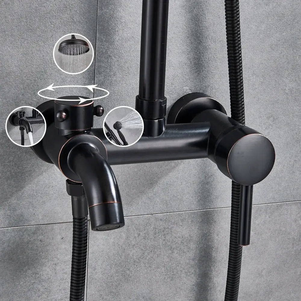 Black bronze bathroom shower set with black matte finish, brushed bronze trim, and integrated handheld spray head by decorbites