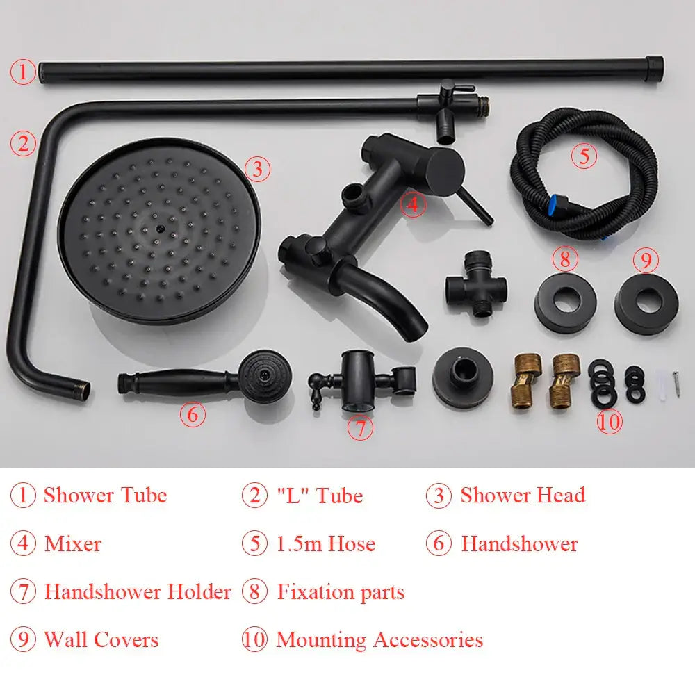 Black matte-finished shower head with circular perforations for water distribution in decorbites black bronze bathroom shower set