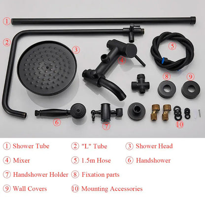 Black matte-finished shower head with circular perforations for water distribution in decorbites black bronze bathroom shower set