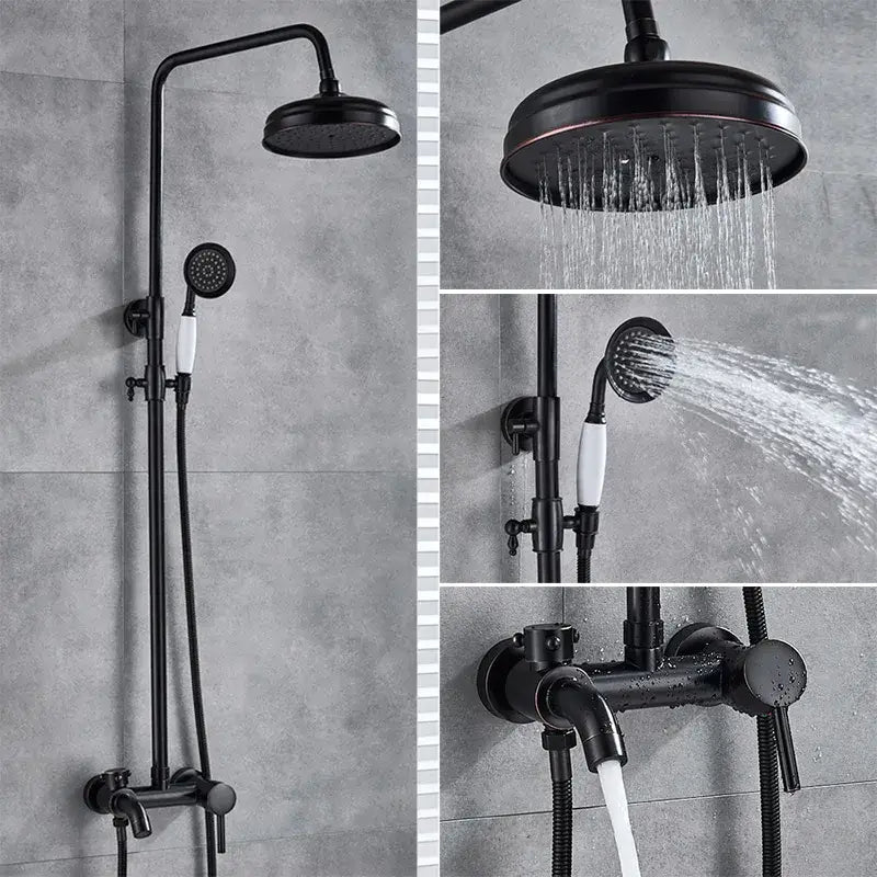 Black matte finished shower set with fixed overhead rainhead handheld spray and white ceramic handles decorbites black bronze bathroom