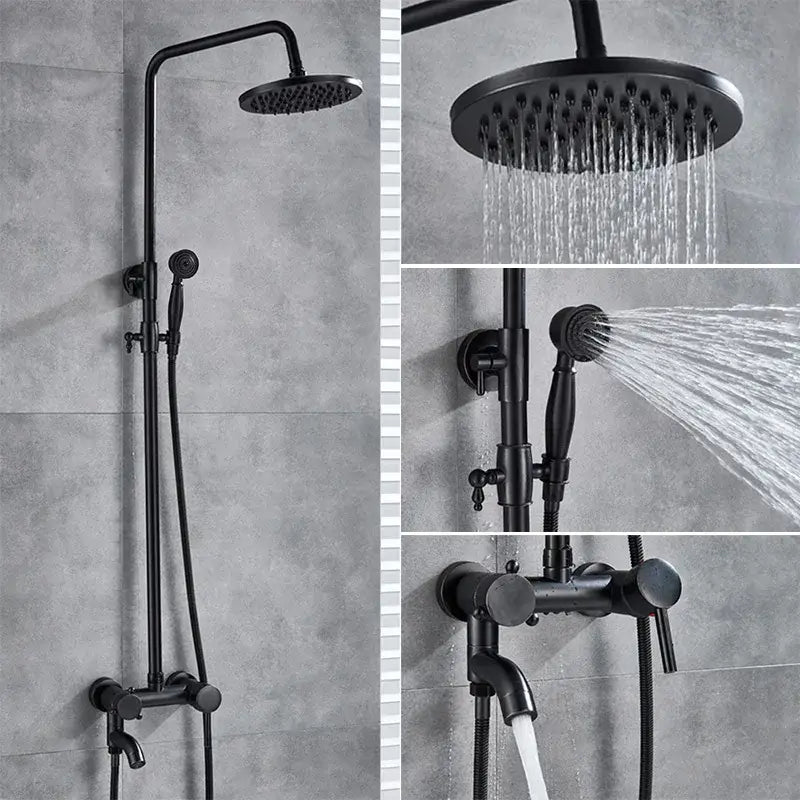 Black matte finished shower set with tall overhead rainhead handheld spray and wall mounted control valve for black bronze bathroom decorbites