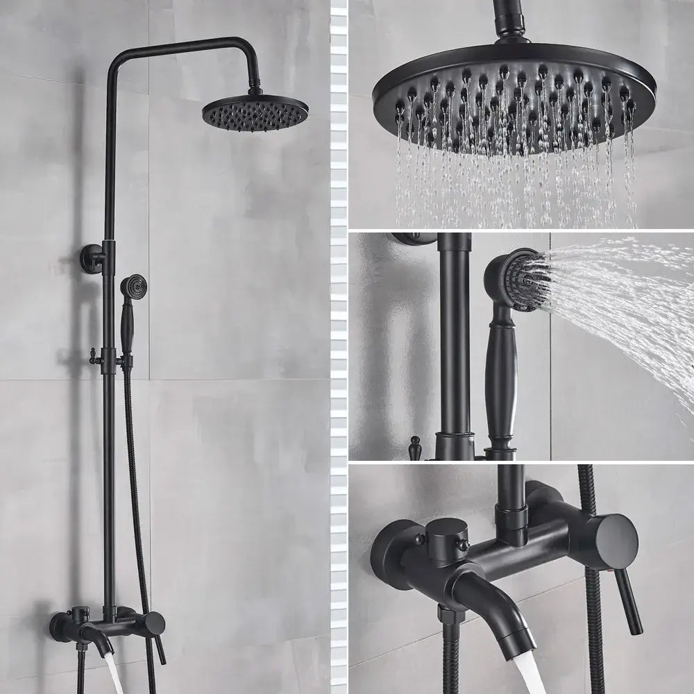 Black matte shower set with large overhead rainhead handheld spray and wall-mounted control valve decorbites black bronze bathroom