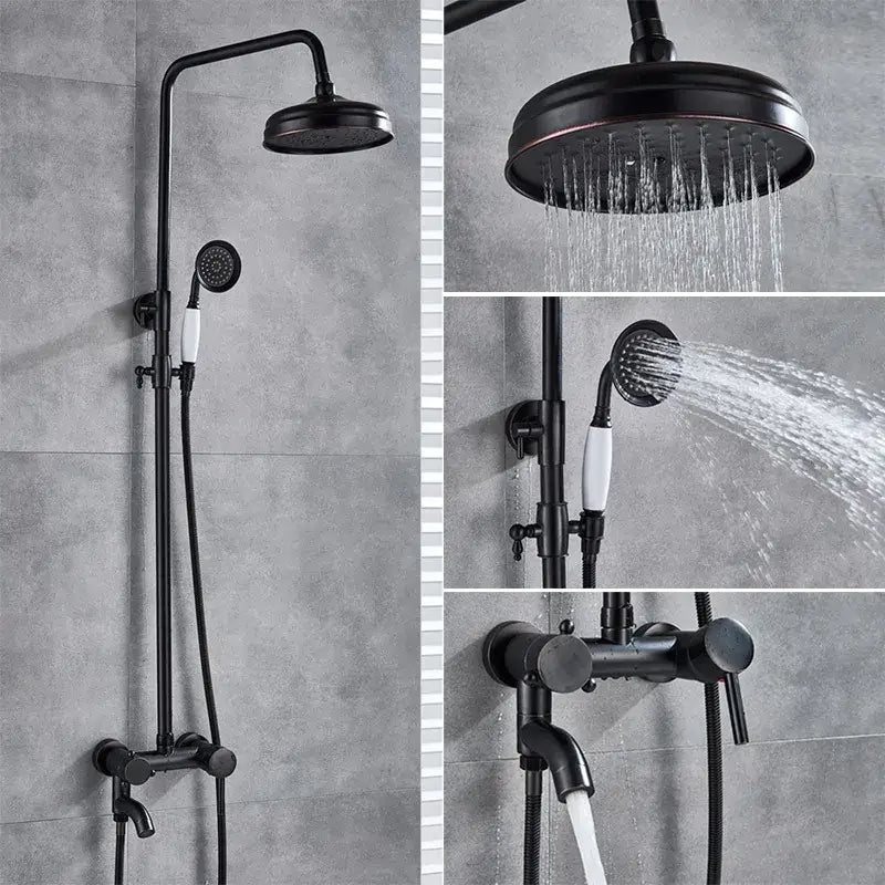 Black bronze bathroom shower set with matte black finish handheld spray and white ceramic handle accents by decorbites