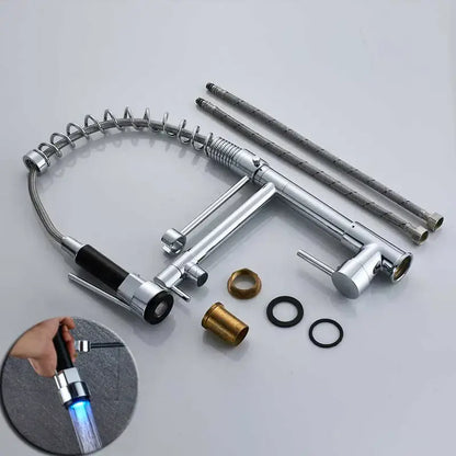Chrome-finished kitchen faucet with flexible coiled hose and blue led pull-out spray head from decorbites black bronze dual spout