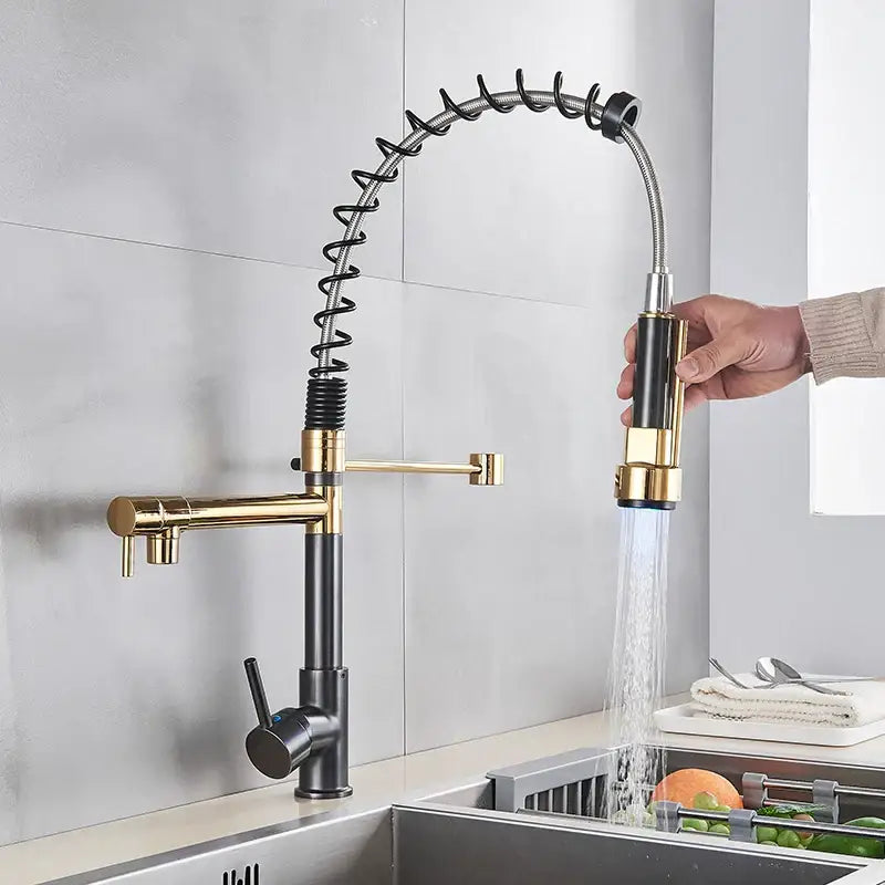 Black bronze dual spout kitchen faucet with led sprayer features gold and black finish and flexible coiled hose by decorbites