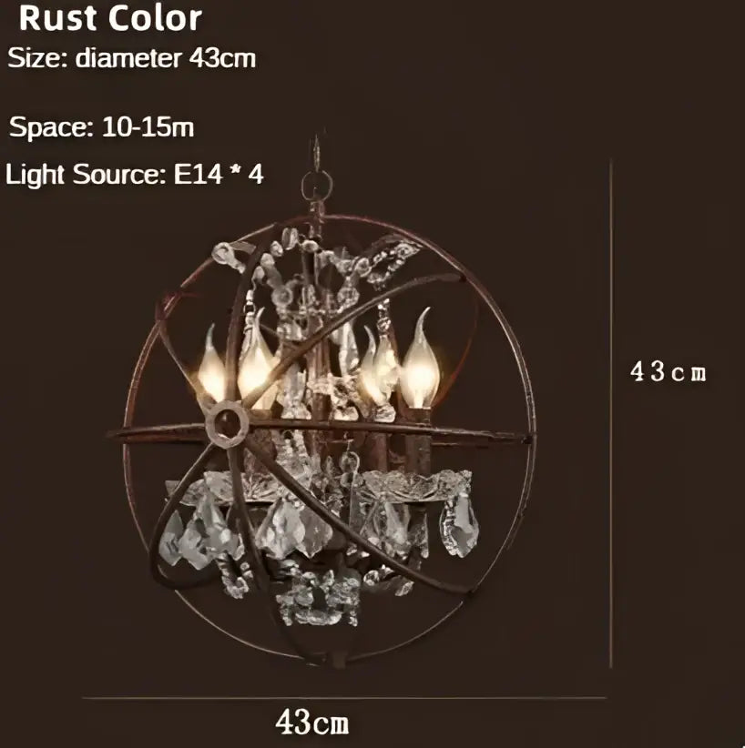 Rust-colored decorbites iron birdcage crystal chandelier with intricate metal framework and dangling crystals for dining room decor