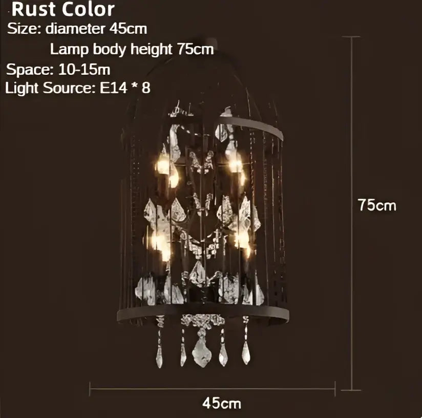 Rust-colored decorbites iron birdcage crystal chandelier with bronze iron frame and hanging crystal droplets for dining room light