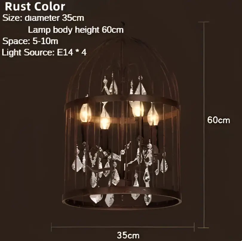 Rust-colored decorbites iron birdcage crystal chandelier with clear droplets and four e14 bulbs for dining room lighting