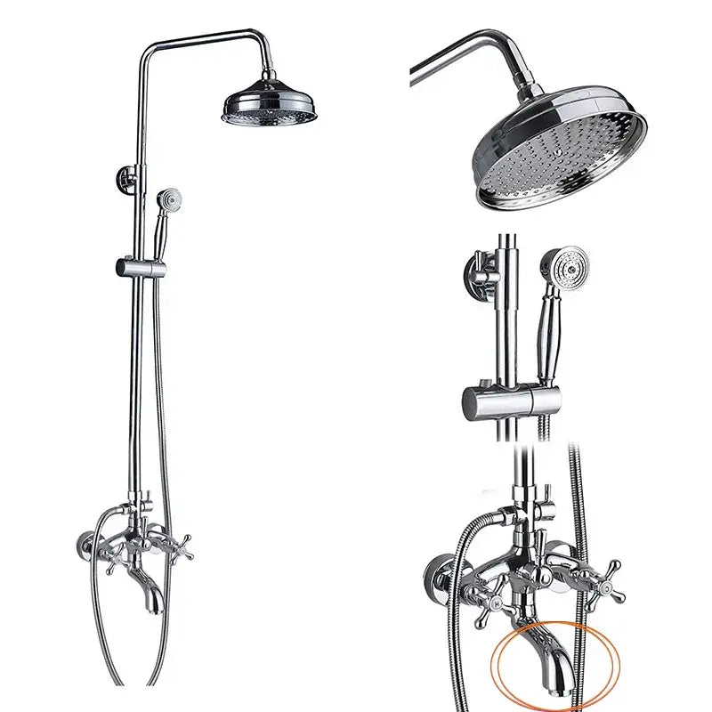 Chrome finished shower mixer tap with cross handles and curved spout for bathroom use in black bronze rainfall style