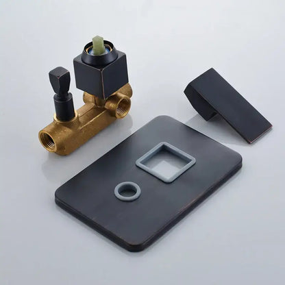 Black bronze square rainfall shower faucet valve assembly with black matte finish brass piping and decorbites black bronze knob