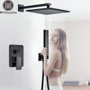Black matte-finish square rain shower head with textured surface and integrated wall mount for shower faucet decorbites black bronze