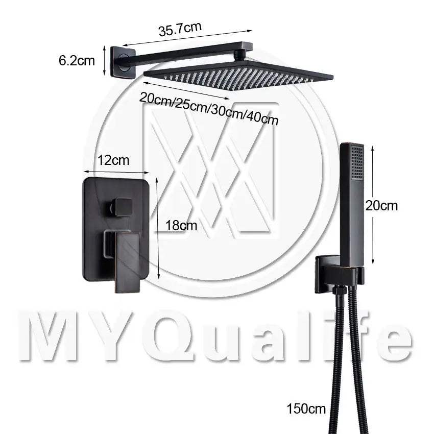 Black bronze shower faucet set with matte black square rain shower head wall mount and handheld attachment by decorbites