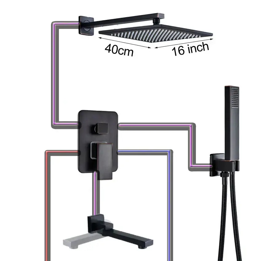 Black matte-finish square rain shower head 16 inch with textured surface in decorbites black bronze shower faucet set