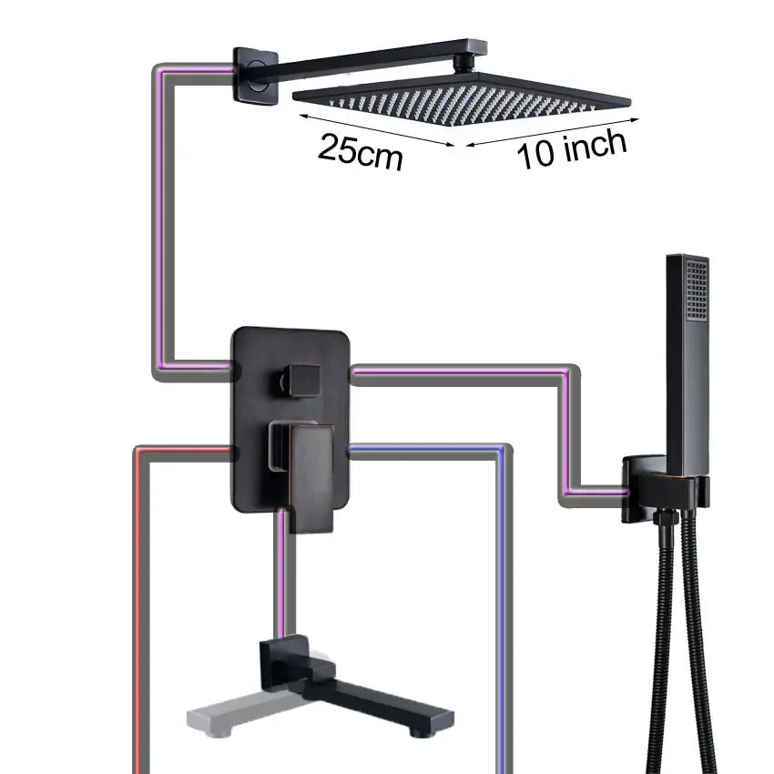 Black bronze square rainfall shower faucet set with black matte finished textured showerhead and integrated wall mount by decorbites