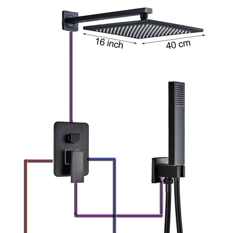 Black matte finish square shower faucet with textured surface and matching wall mount in decorbites black bronze style