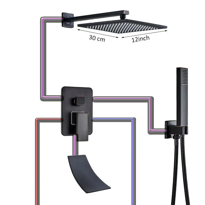 Black bronze square rainfall shower faucet with black matte textured square rain shower head and 30 cm markings by Decorbites