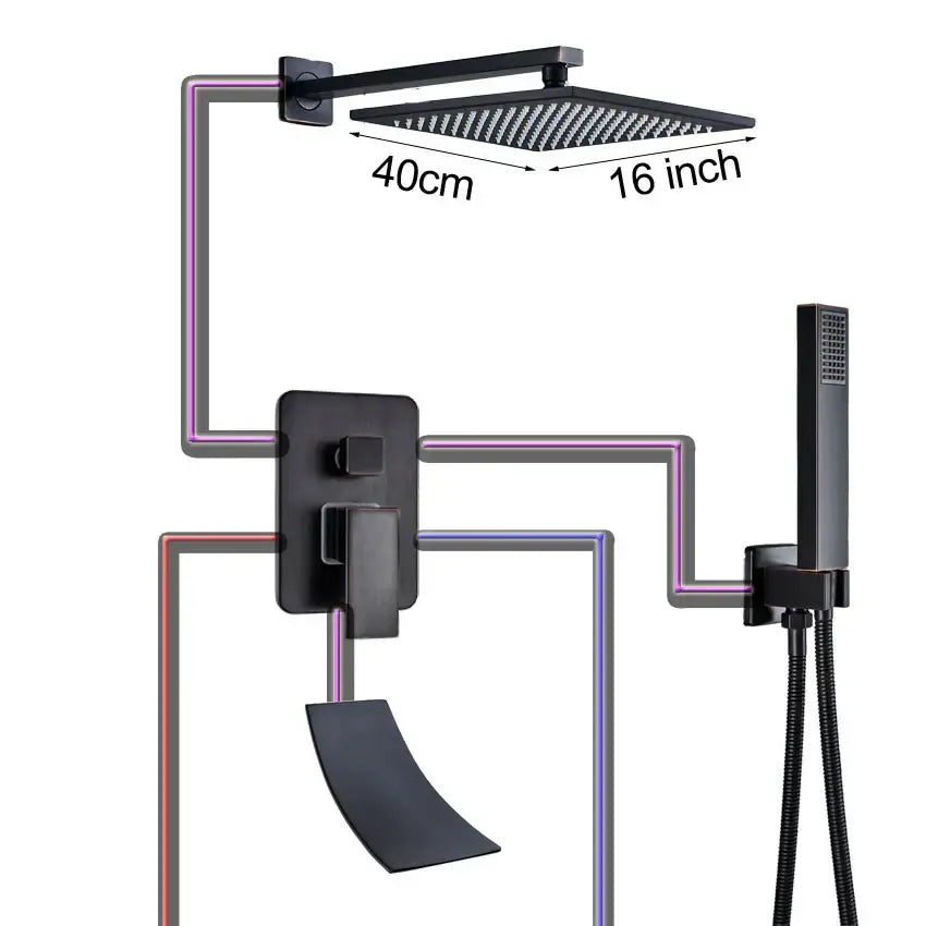 Black bronze square rain shower faucet set with 16-inch black matte textured shower head by decorbites black bronze