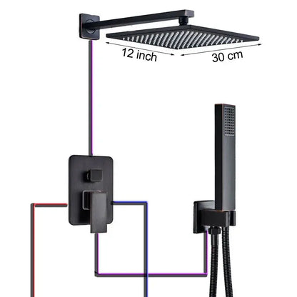 Black matte-finished square shower faucet with integrated wall mount and handheld attachment black bronze decorbites
