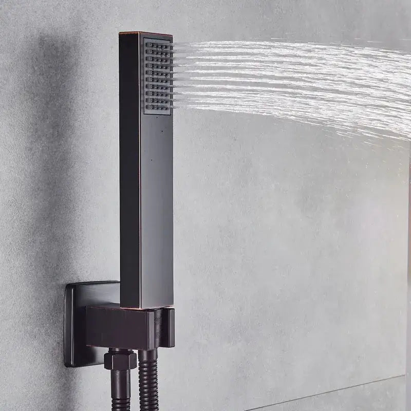 Modern matte black bronze shower faucet with rectangular rainfall showerhead and multiple jets for bathroom decorbites black bronze set