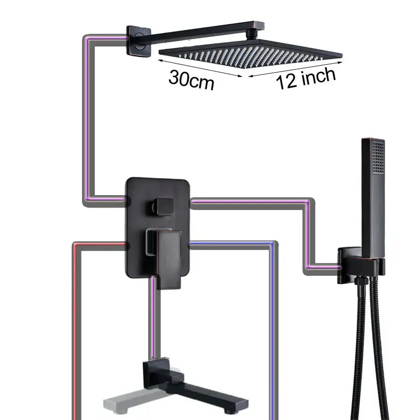 Black bronze square rainfall shower faucet set featuring a black matte finished shower faucet with integrated piping by decorbites black bronze