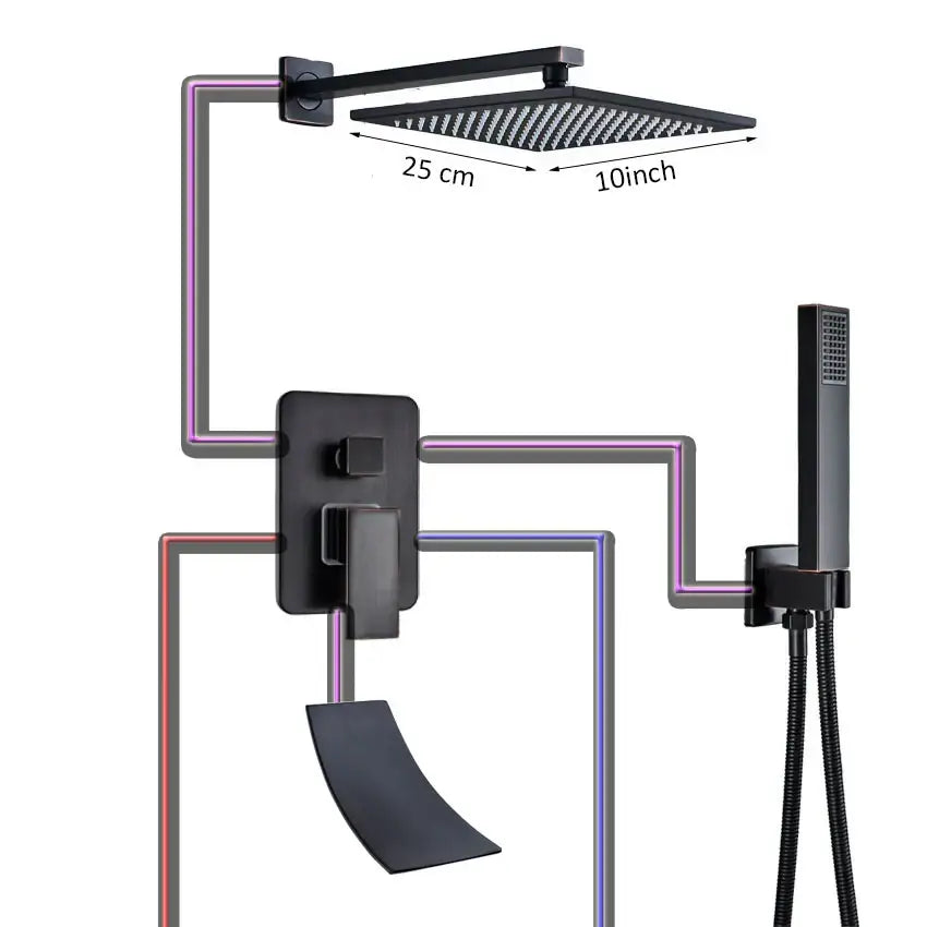 Black matte finished square rain shower head with textured surface and integrated bracket in decorbites black bronze shower faucet set
