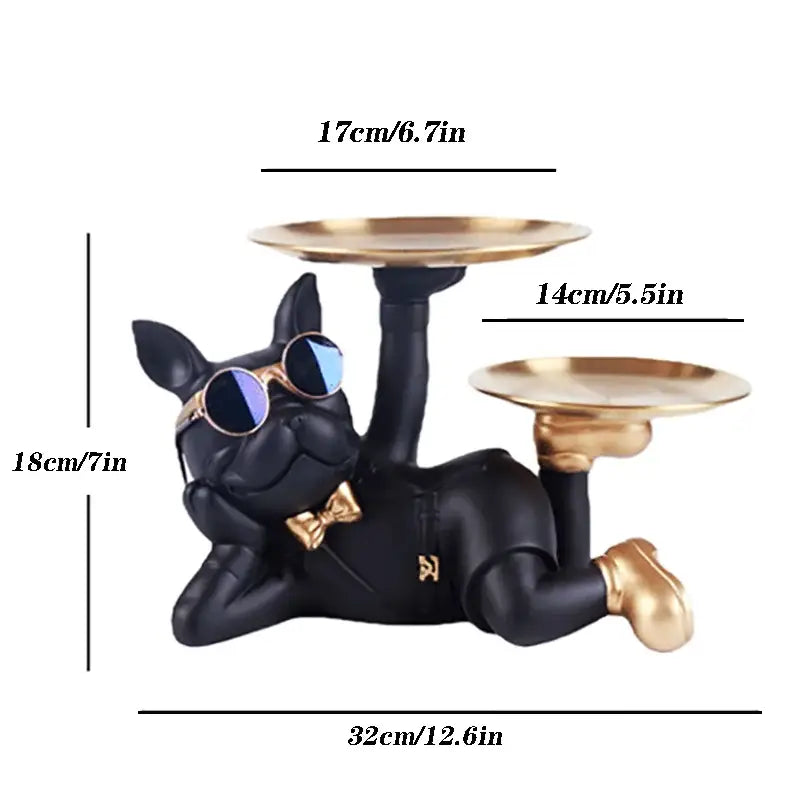 Black bulldog desktop storage statue in black with gold sunglasses bow tie shoes holding two golden trays decorbites bulldog desktop