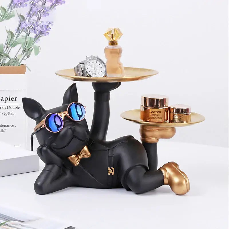 Black french bulldog desktop storage statue with gold trays wearing blue mirrored sunglasses and gold bow tie decorbites bulldog desktop