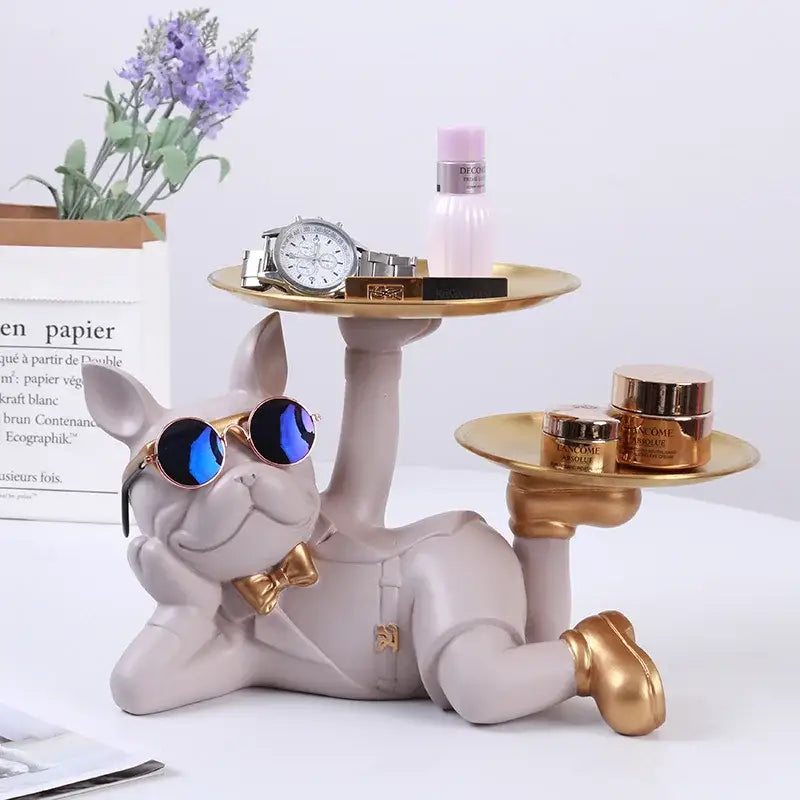 A stylish gray bulldog desktop storage statue with gold trays wearing sunglasses and bow tie for office decorbites decor