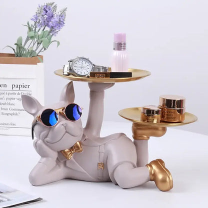 A stylish gray french bulldog desktop storage statue with gold trays and sunglasses perfect for decorbites bulldog desktop decor