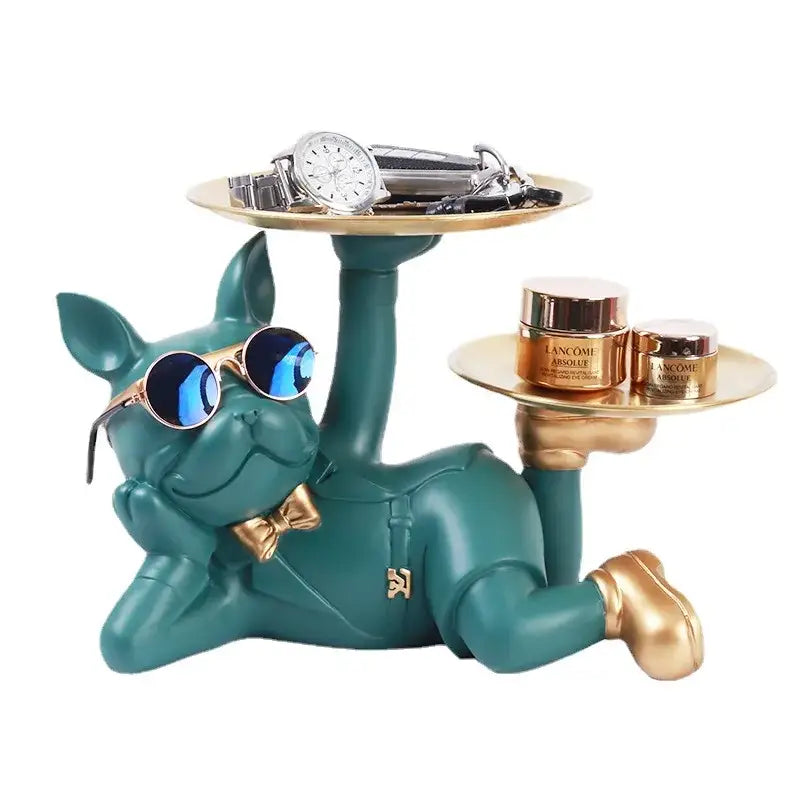 Teal and gold french bulldog desktop storage statue with dual-tiered tray for decorbites bulldog desktop organization