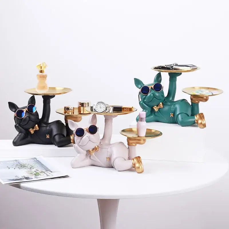 Three stylish black white and teal french bulldog desktop storage statues with gold accents by decorbites for office tray decor