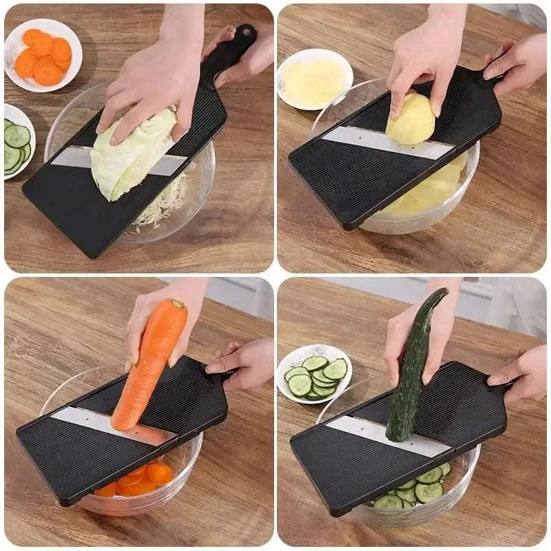 Black plastic decorbites cabbage grater with white blade and textured grip handle for shredding vegetables