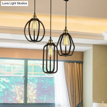 Black Cage Iron Pendant Lighting with Adjustable Cord for Living Room Ceiling